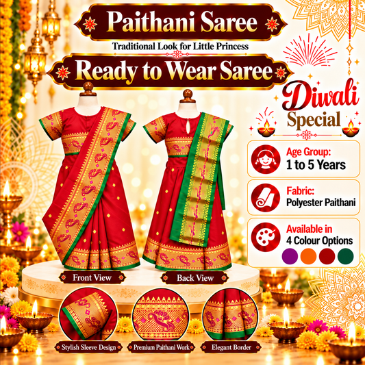 Girls Classic Red Paithani Saree Dress with Golden Zari-Style Work | Kids Traditional Festive & Party Wear