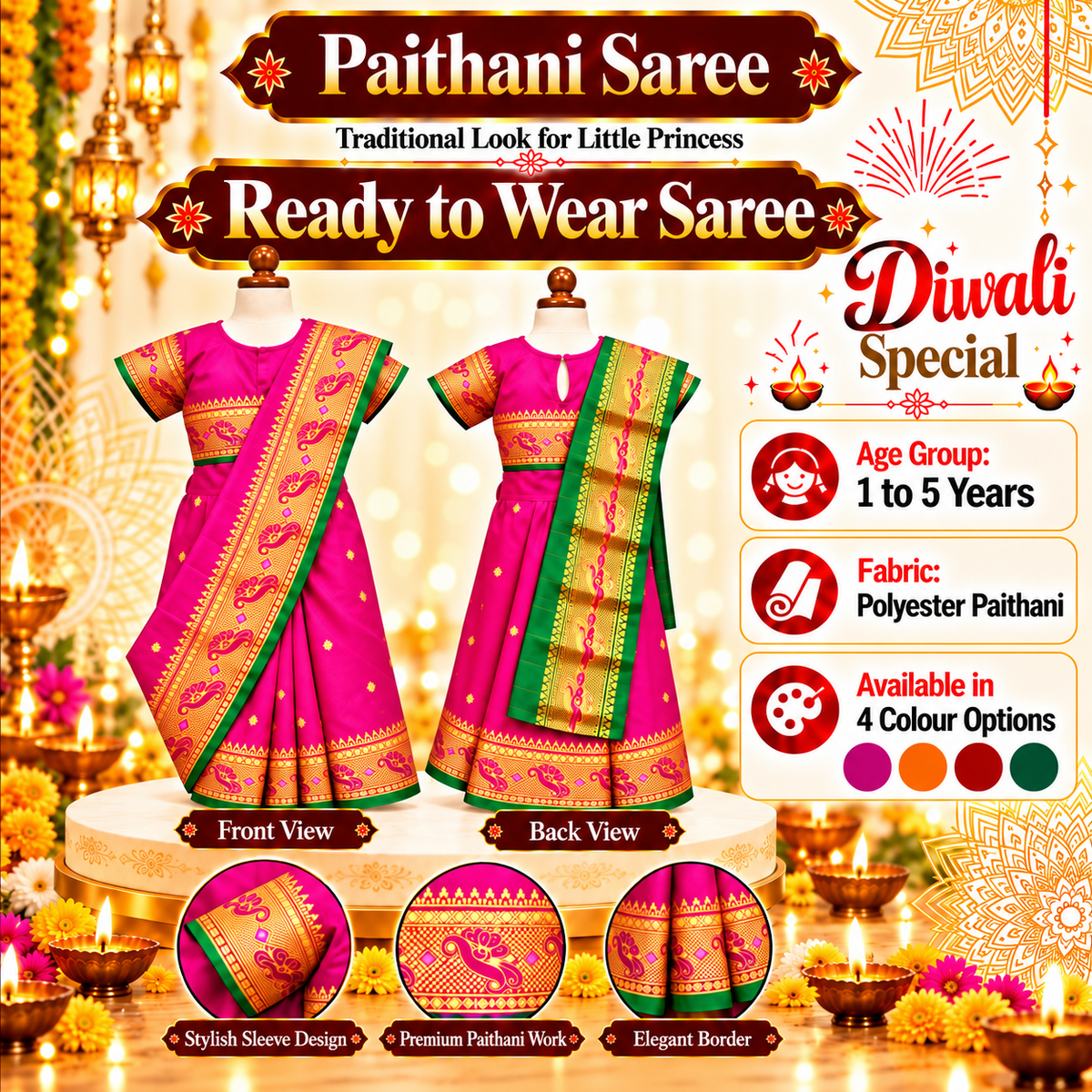 Girls Rani Pink Designer Paithani Saree Dress with Golden Border | Kids Traditional Indian Ethnic & Festive Wear