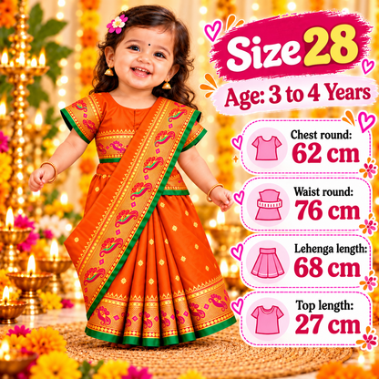 Girls Vibrant Orange Paithani Saree Dress with Designer Pallu | Kids Festive Wedding & Traditional Wear