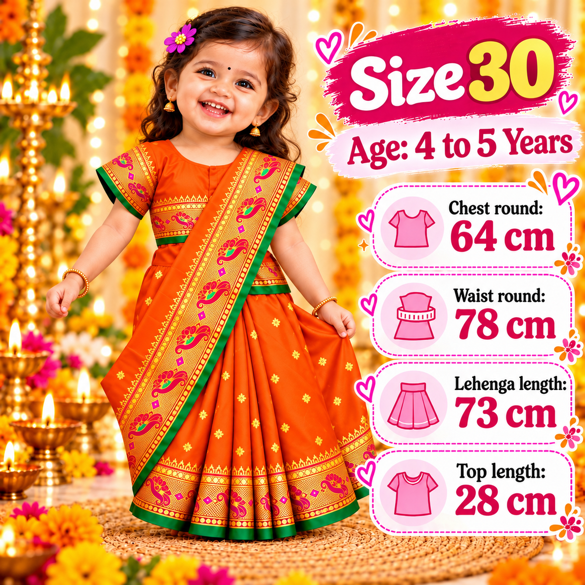 Girls Vibrant Orange Paithani Saree Dress with Designer Pallu | Kids Festive Wedding & Traditional Wear