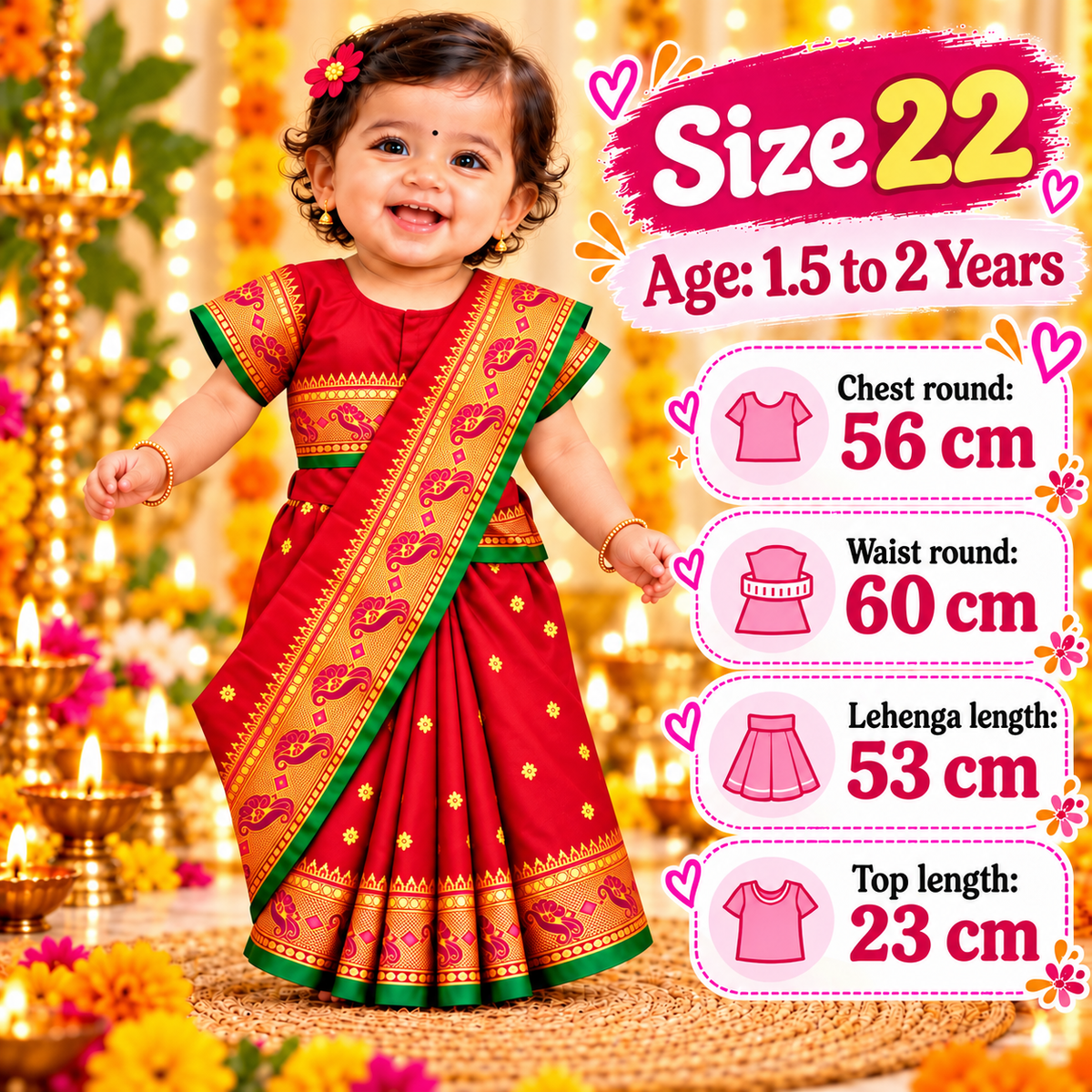 Girls Classic Red Paithani Saree Dress with Golden Zari-Style Work | Kids Traditional Festive & Party Wear