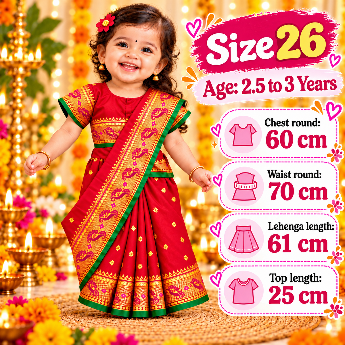 Girls Classic Red Paithani Saree Dress with Golden Zari-Style Work | Kids Traditional Festive & Party Wear