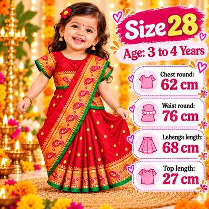 Girls Classic Red Paithani Saree Dress with Golden Zari-Style Work | Kids Traditional Festive & Party Wear