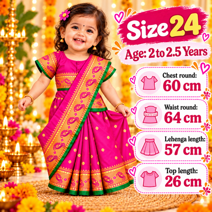Girls Rani Pink Designer Paithani Saree Dress with Golden Border | Kids Traditional Indian Ethnic & Festive Wear