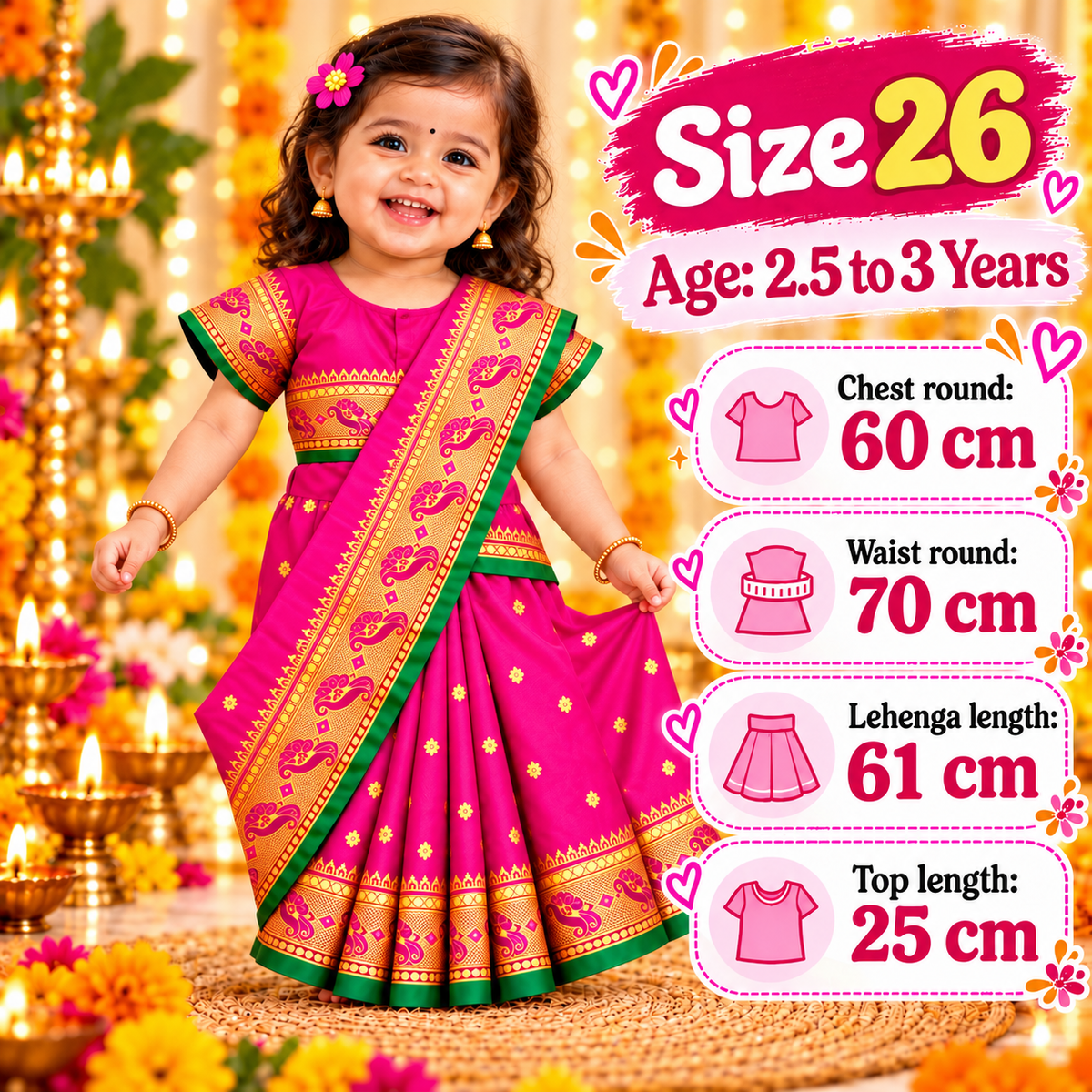 Girls Rani Pink Designer Paithani Saree Dress with Golden Border | Kids Traditional Indian Ethnic & Festive Wear