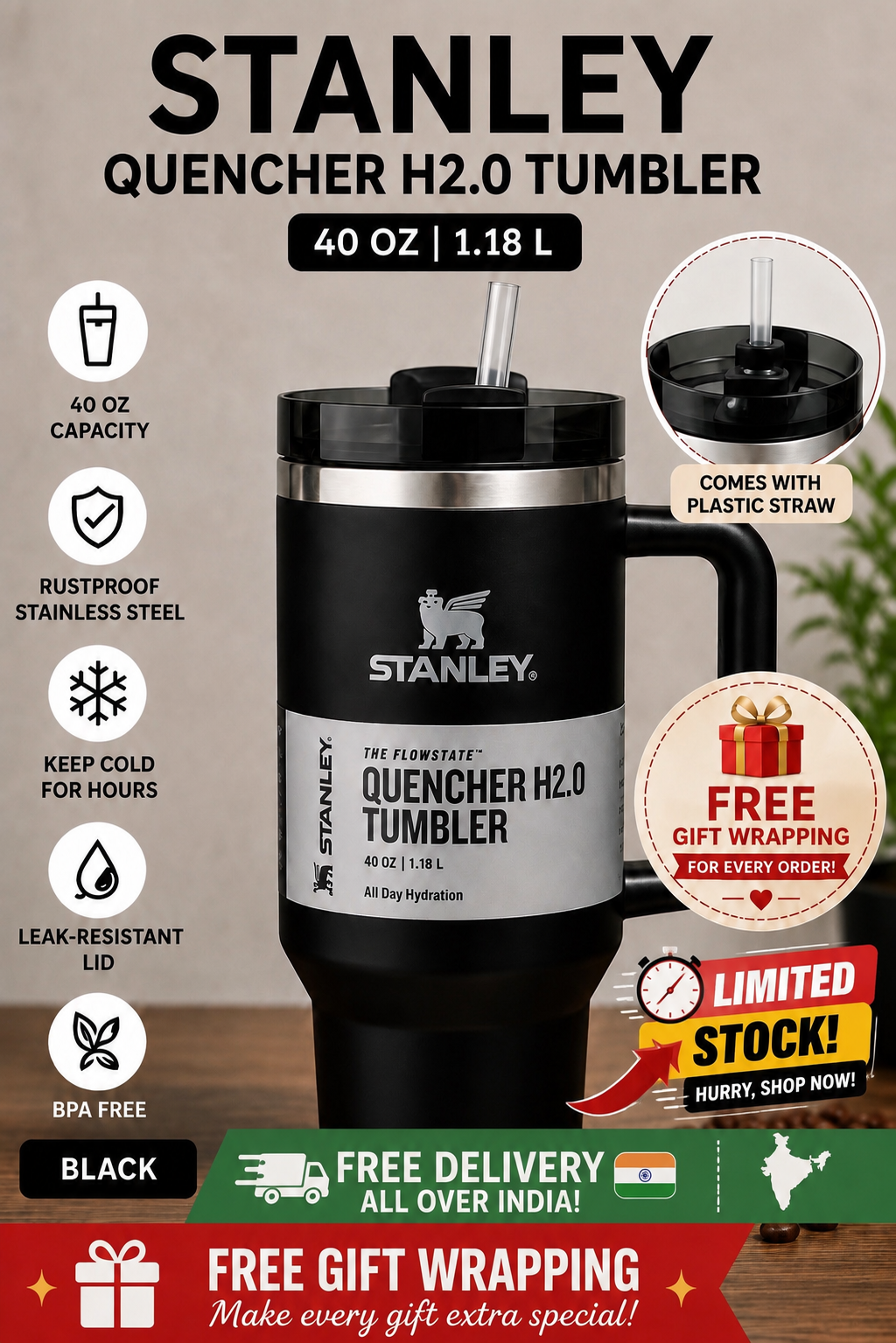 Stanley Insulated Tumbler (1.18L) – Perfect Gift for Girlfriend and Sisters| Premium Leakproof Travel Mug