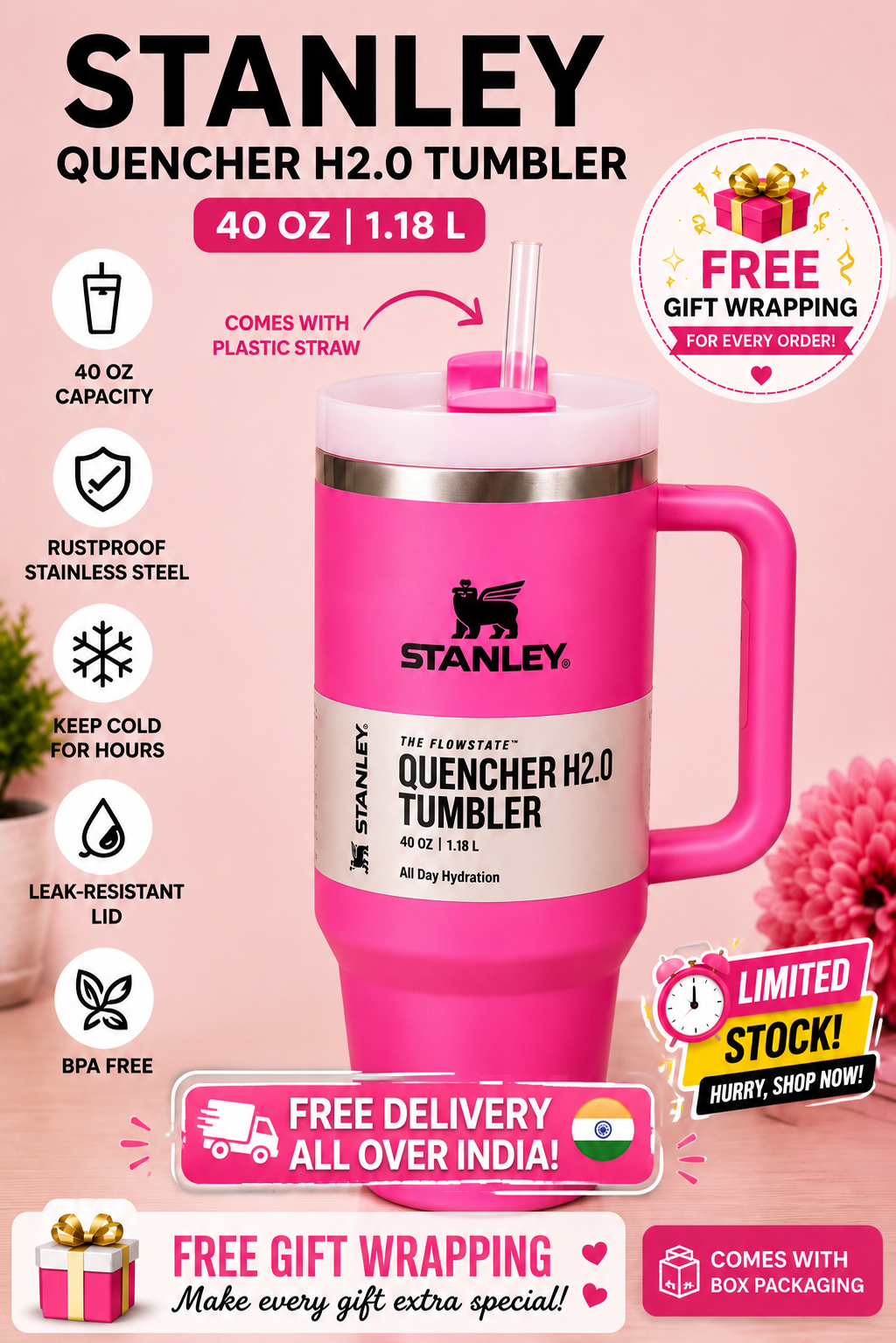Stanley Insulated Tumbler (1.18L) – Perfect Gift for Girlfriend and Sisters| Premium Leakproof Travel Mug