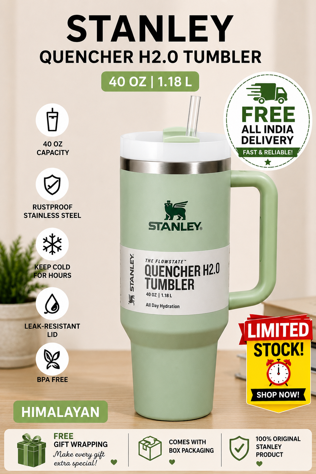Stanley Insulated Tumbler (1.18L) – Perfect Gift for Girlfriend and Sisters| Premium Leakproof Travel Mug