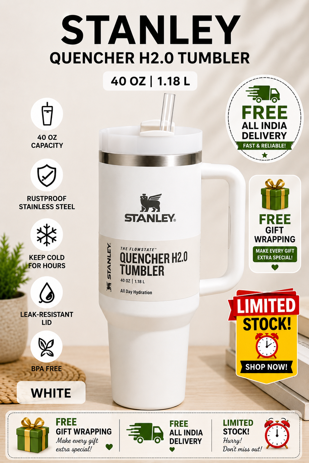 Stanley Insulated Tumbler (1.18L) – Perfect Gift for Girlfriend and Sisters| Premium Leakproof Travel Mug