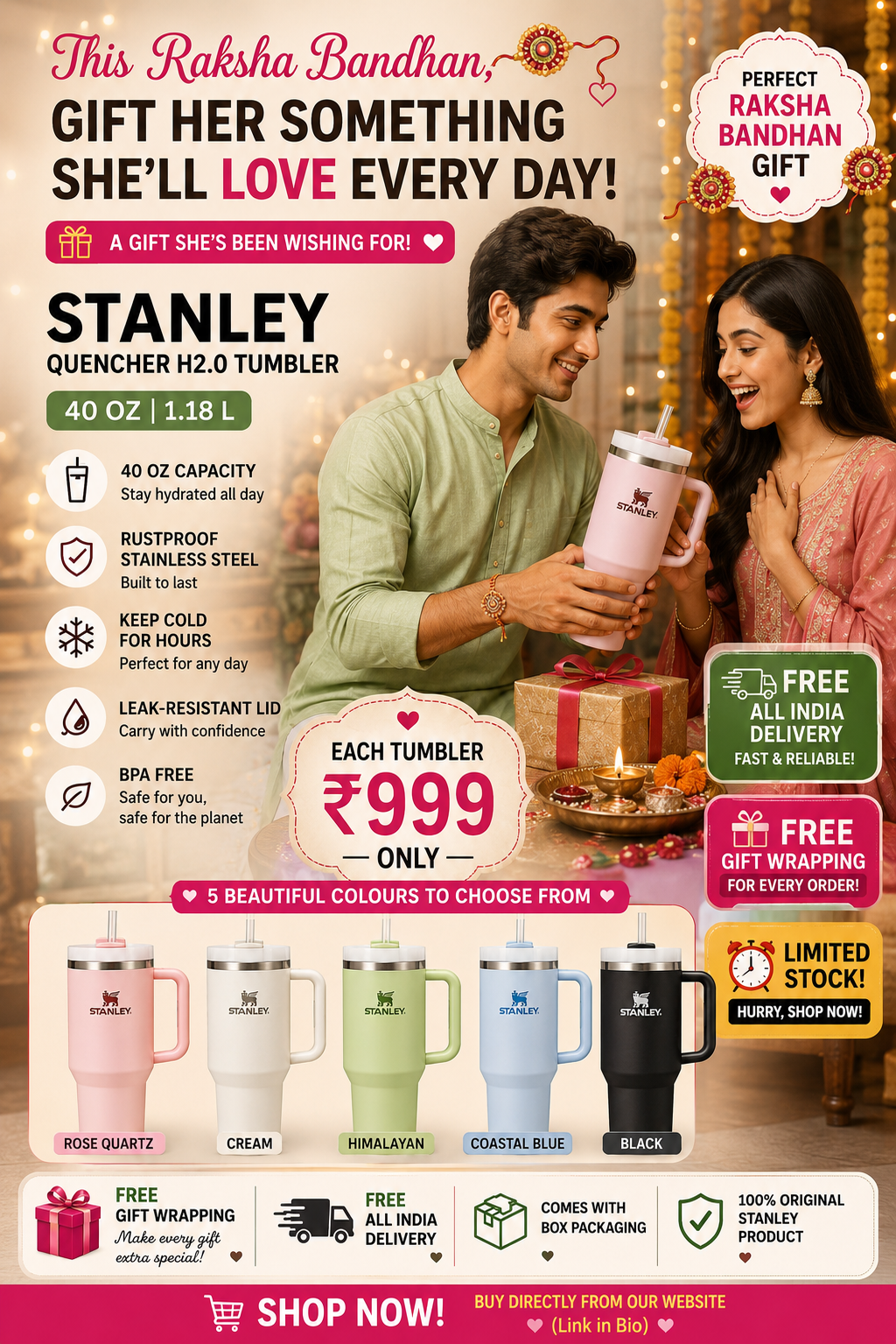 Stanley Insulated Tumbler (1.18L) – Perfect Gift for Girlfriend and Sisters| Premium Leakproof Travel Mug