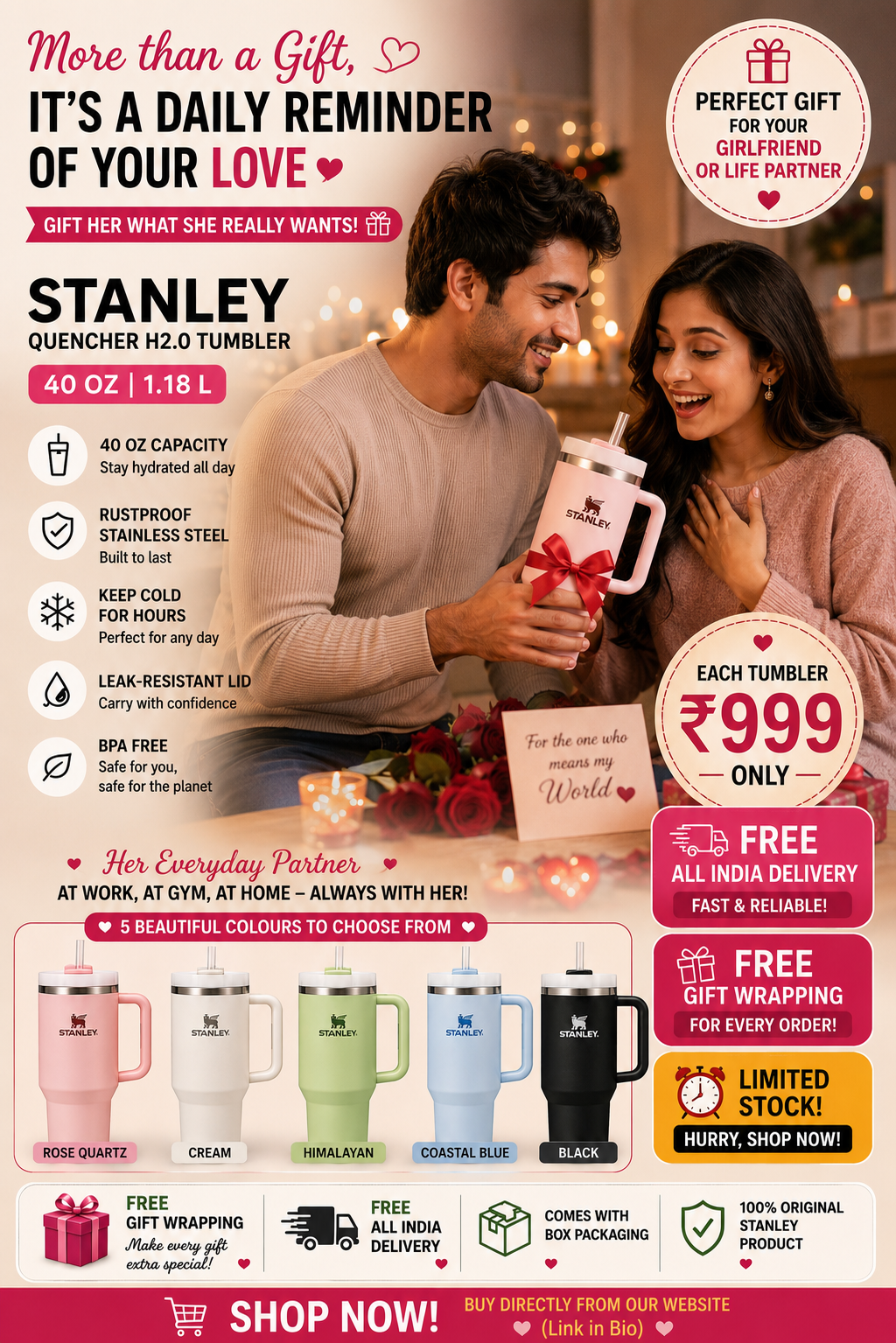 Stanley Insulated Tumbler (1.18L) – Perfect Gift for Girlfriend and Sisters| Premium Leakproof Travel Mug