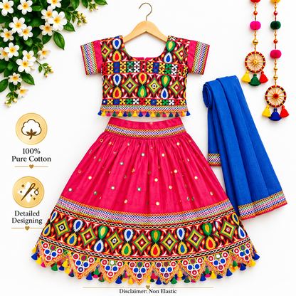 Girls Pink Multicolor Pure Cotton Mirror Work Lehenga Choli Set with Blue Dupatta