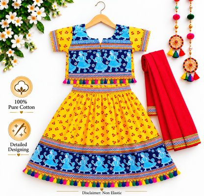 Girls Yellow & Blue Pure Cotton Garba Lehenga Choli Set with Red Dupatta