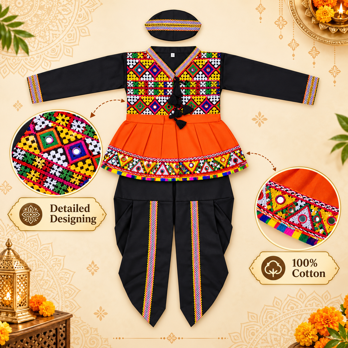 Boys Navratri Black Embroidered Kedia Dhoti Set with Matching Cap – 100% Cotton