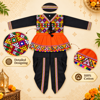 Boys Navratri Black Embroidered Kedia Dhoti Set with Matching Cap – 100% Cotton