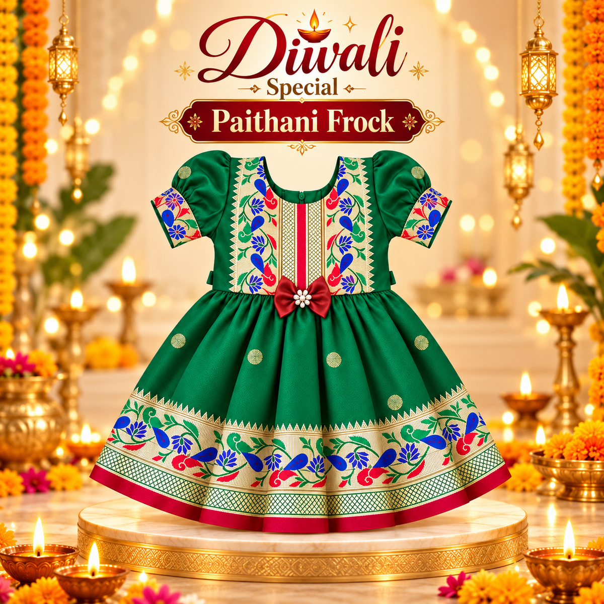 Girls Green Paithani Frock Dress | Traditional Indian Ethnic Wear | Wedding & Festive Special