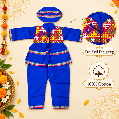 Boys Traditional Royal Blue Kutchi Embroidered Kurta Pant Set with Cap – 100% Cotton