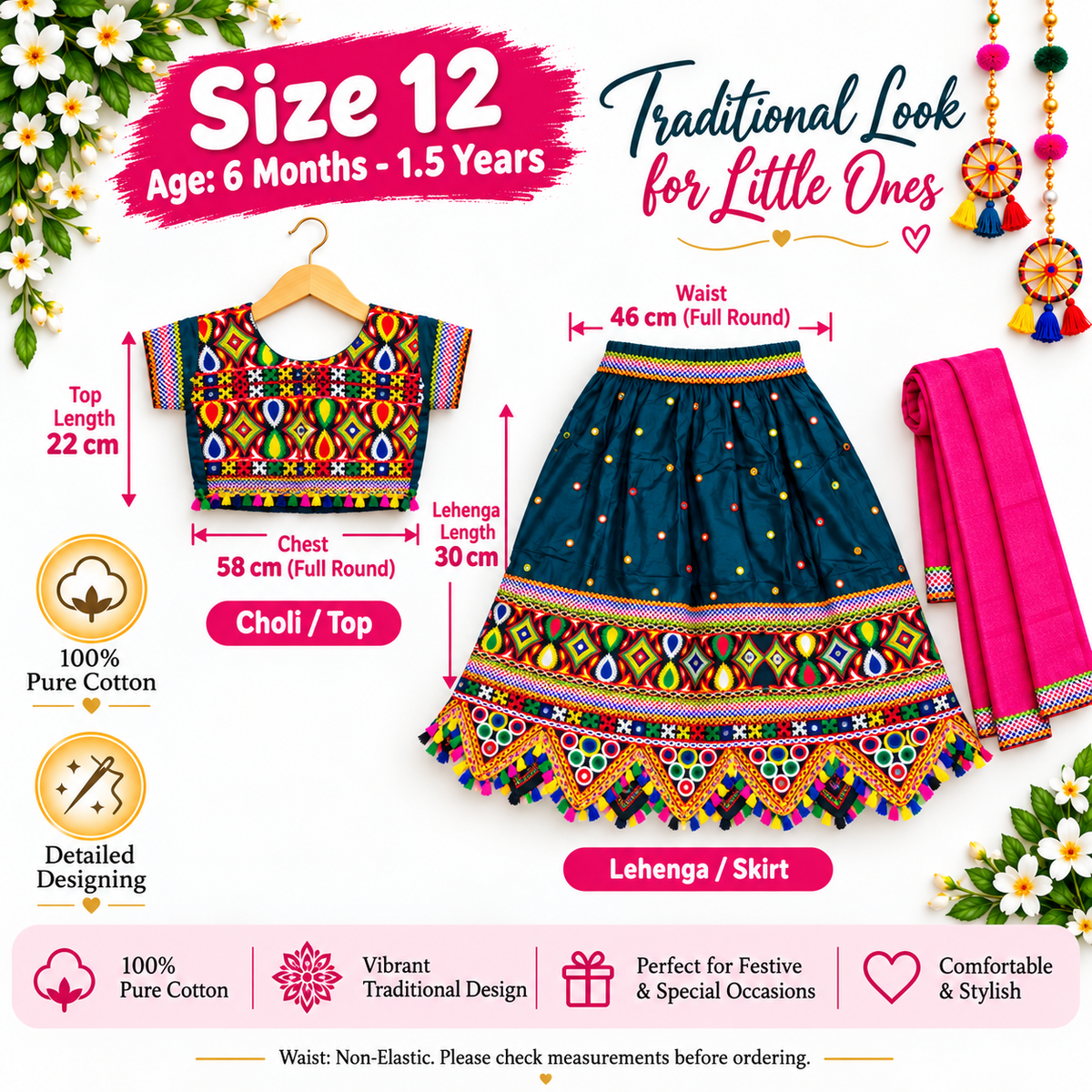 Girls Teal Blue Multicolor Pure Cotton Garba Lehenga Choli Set with Pink Dupatta