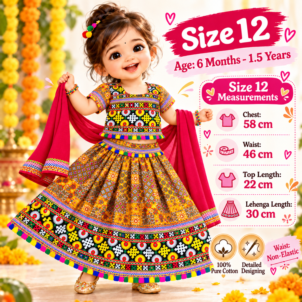 Girls Mustard Orange Multicolor Pure Cotton Patchwork Lehenga Choli Set with Red Dupatta