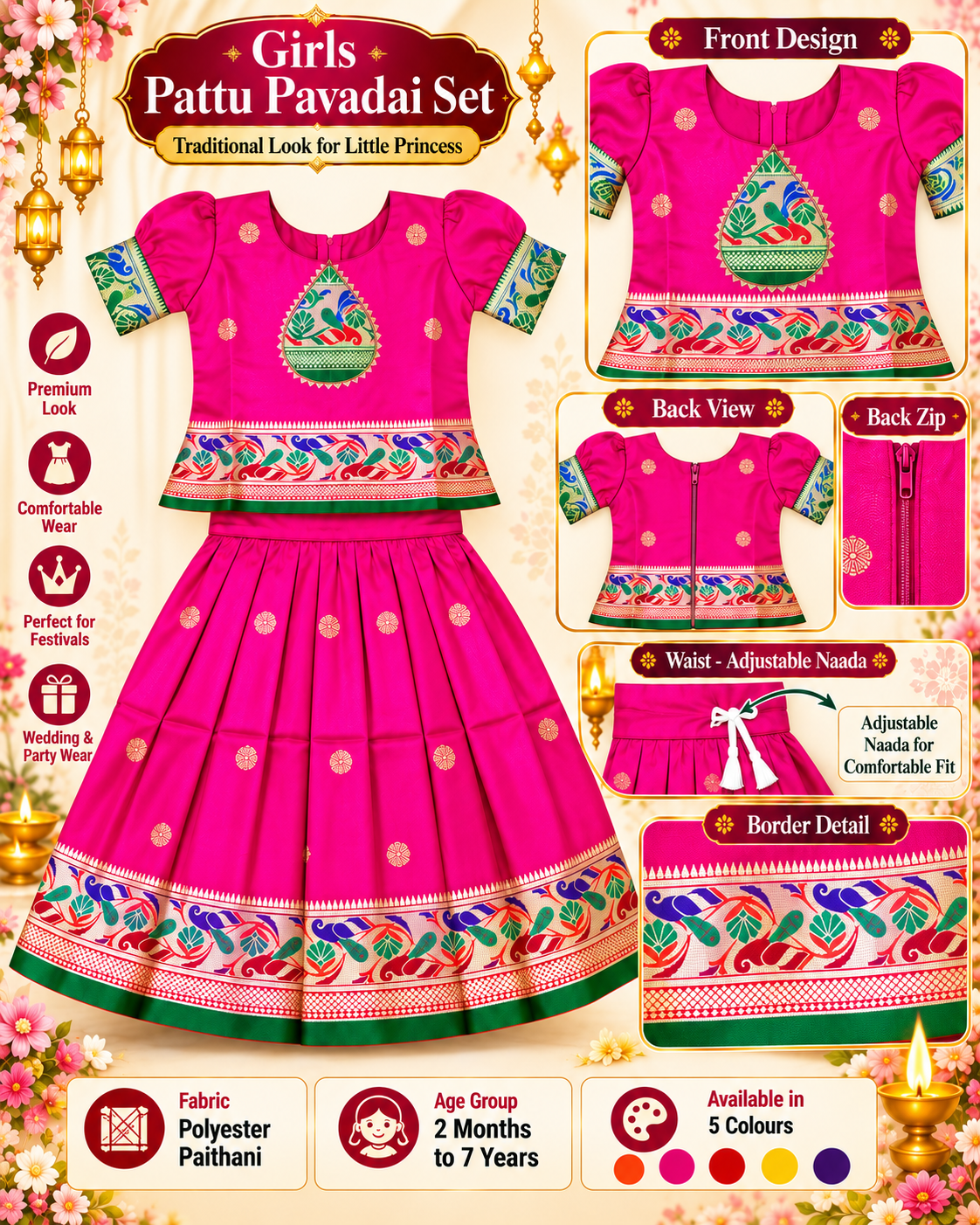 Girls Rani Pink Designer Pattu Pavadai Skirt & Top Set | Peacock Border Ethnic Party Wear