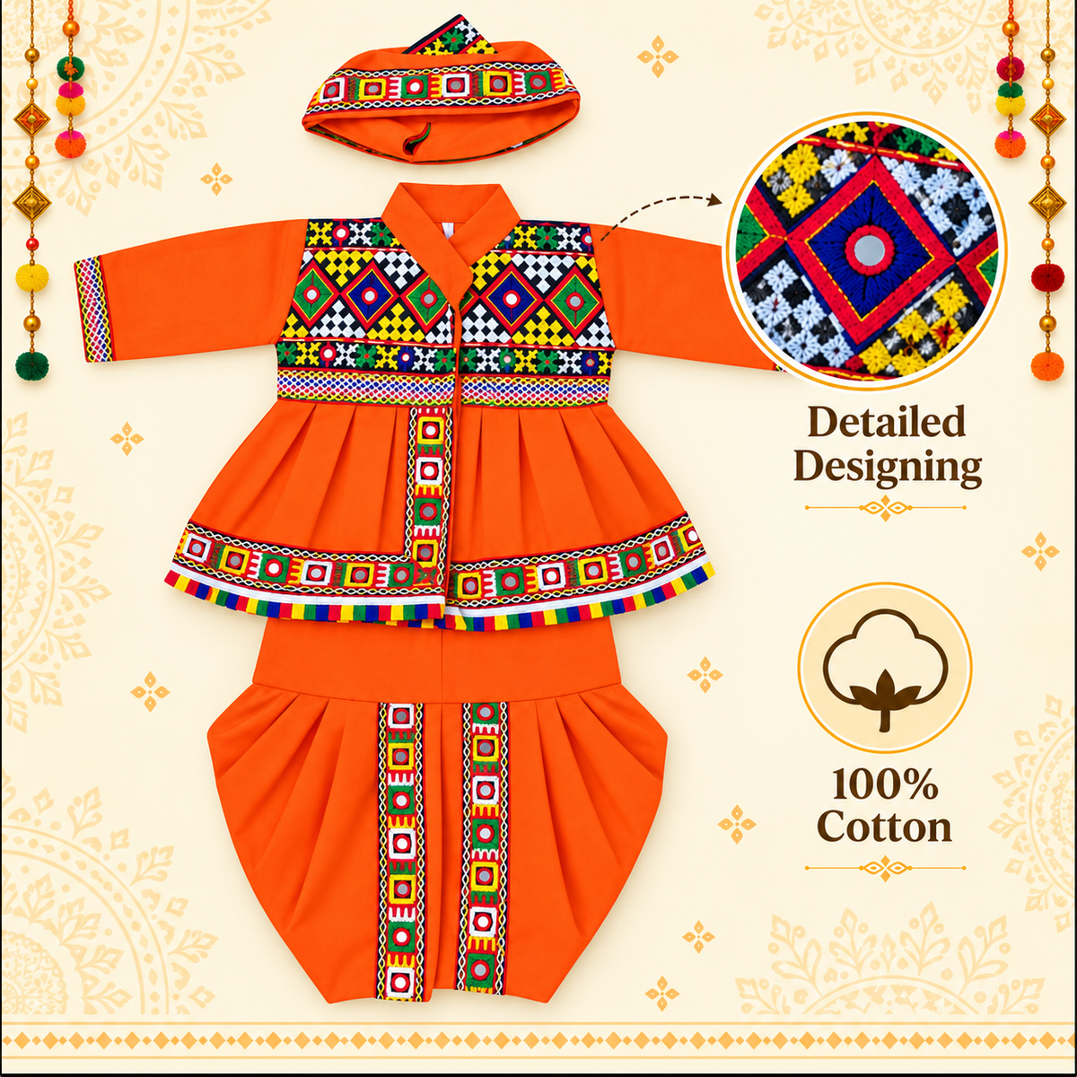 Premium Boys Traditional  Orange Kutchi Embroidered Dhoti Kurta Set with Cap – 100% Cotton