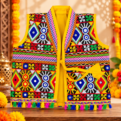 Kids Navratri Kutch Embroidered Jacket | Multicolour Traditional Mirror Work & Tassel Jacket | 1-2 Years