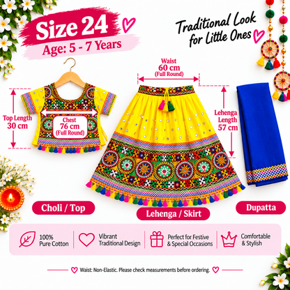 Girls Yellow Traditional Lehenga Choli Set with Blue Dupatta – 100% Pure Cotton Festive Wear