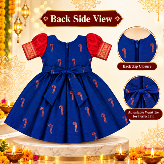 Girls Royal Blue & Red Heritage Designer Paithani Frock with Golden Zari-Style Border | Festive Ethnic Wear