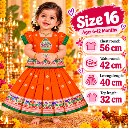 Girls Orange Peacock Design Pattu Pavadai Lehenga Set | Traditional Indian Festive & Wedding Wear