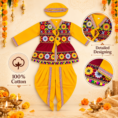 Premium Boys Festive Yellow Embroidered Jacket Dhoti Set with Matching Cap – 100% Cotton