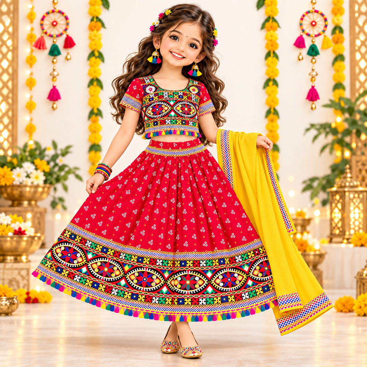 Girls Red Pure Cotton Ghagra Choli Set with Yellow Dupatta – Traditional Navratri Lehenga