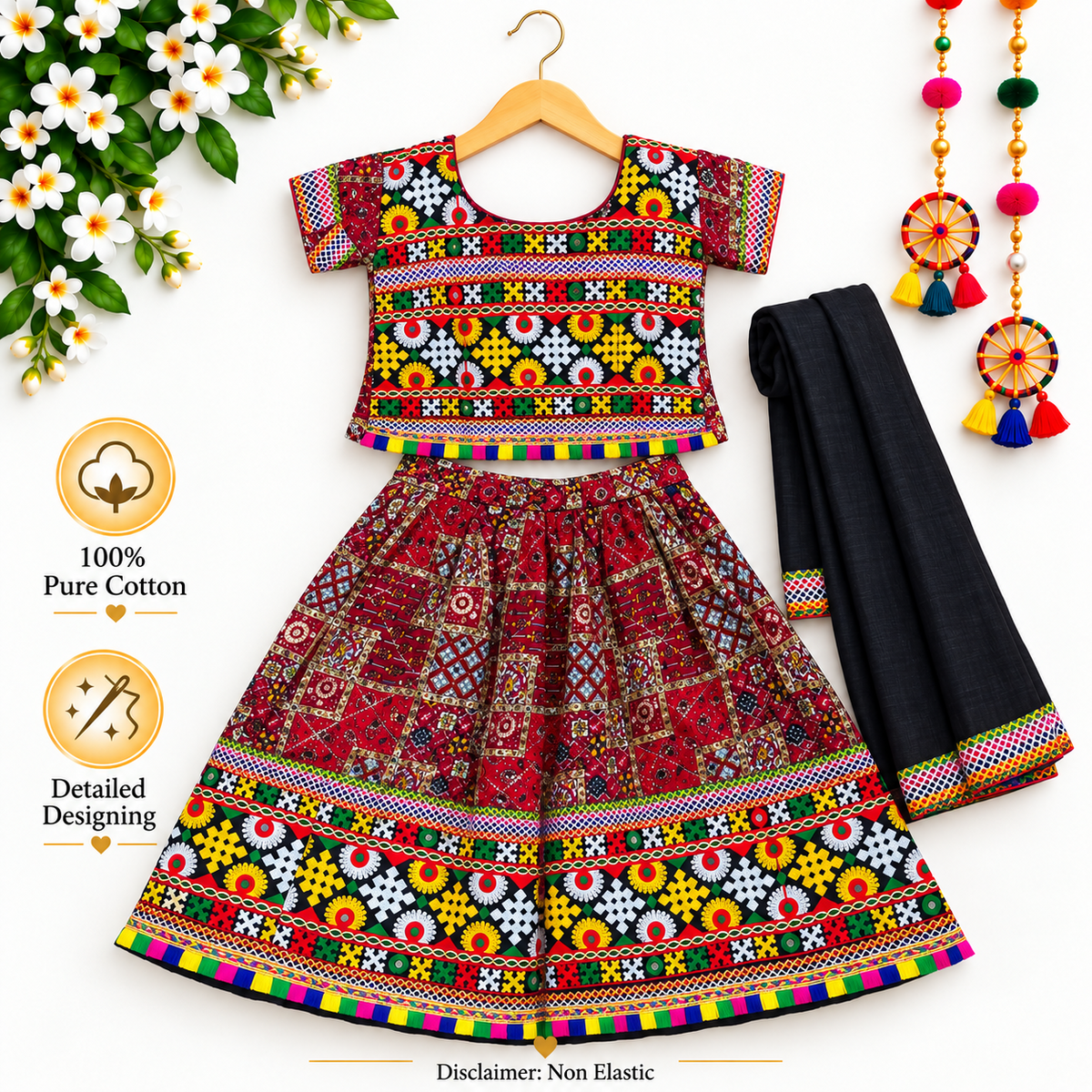 Girls Maroon Multicolor Pure Cotton Patchwork Lehenga Choli Set with Black Dupatta