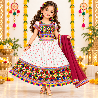 Girls White Pure Cotton Ghagra Choli Set with Maroon Dupatta – Traditional Navratri Lehenga