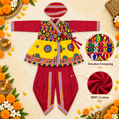 Boys Festive Maroon Embroidered Jacket & Dhoti Set with Matching Cap – 100% Cotton