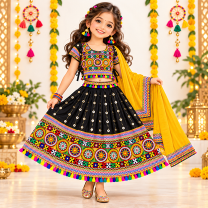 Girls Black Traditional Lehenga Choli Set with Yellow Dupatta – 100% Pure Cotton Festive Wear