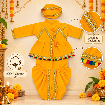 Boys Mustard Yellow Mirror Work Peplum Dhoti Set with Matching Cap – 100% Cotton