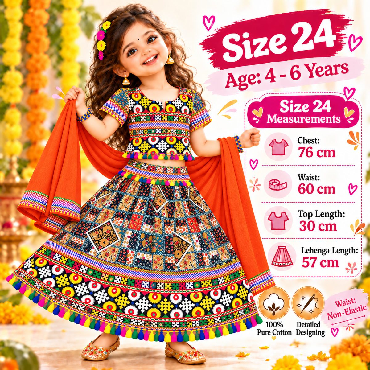 Girls Multicolor Patchwork Pure Cotton Lehenga Choli Set with Orange Dupatta