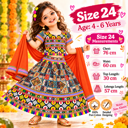 Girls Multicolor Patchwork Pure Cotton Lehenga Choli Set with Orange Dupatta
