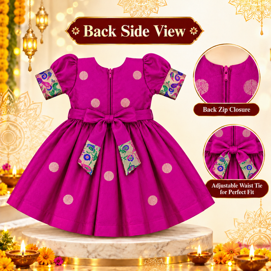 Girls Rani Pink Peacock Design Ethnic Frock with Decorative Bow | Baby Girls Wedding & Festive Dress