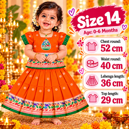 Girls Orange Peacock Design Pattu Pavadai Lehenga Set | Traditional Indian Festive & Wedding Wear
