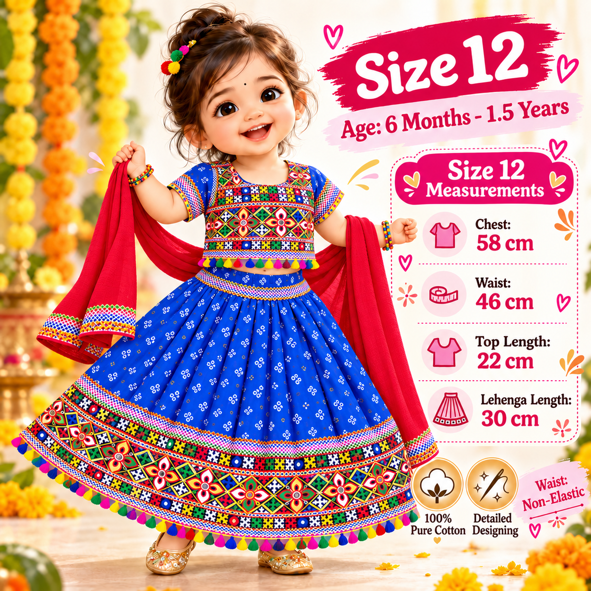 Girls Royal Blue Pure Cotton Ghagra Choli Set with Red Dupatta – Traditional Navratri Lehenga