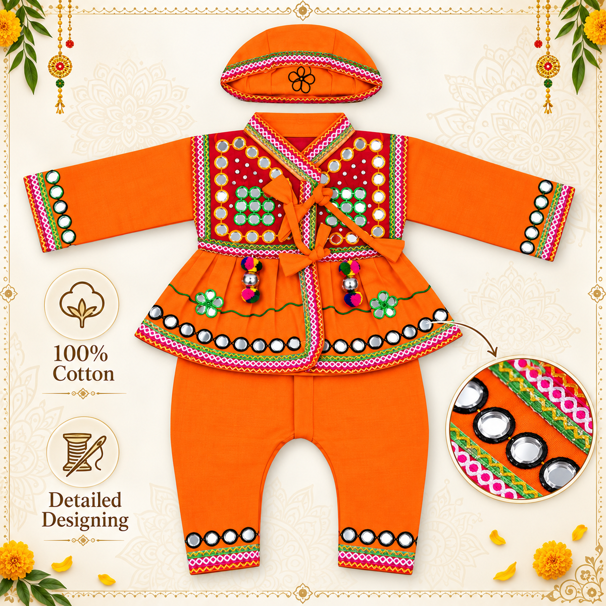 Boys Traditional Kutchi Mirror Work Kurta Pant Set with Cap – 100% Cotton