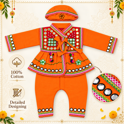 Boys Traditional Kutchi Mirror Work Kurta Pant Set with Cap – 100% Cotton