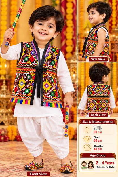 Kids Navratri Kutch Embroidered Jacket | Multicolour Traditional Mirror Work & Tassel Jacket | 1-2 Years