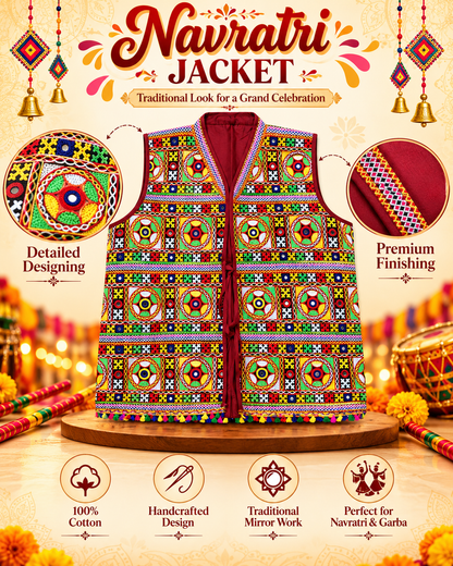 Traditional Navratri Gujarati Kutch Embroidered Jacket | Multicolour Mirror Work | Free Size (16 Years & Above)