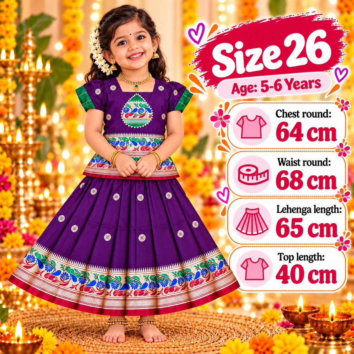 Girls Royal Purple Heritage Pattu Pavadai Dress Set | Traditional Peacock Design Festive Lehenga