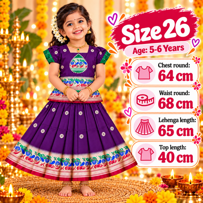 Girls Royal Purple Heritage Pattu Pavadai Dress Set | Traditional Peacock Design Festive Lehenga