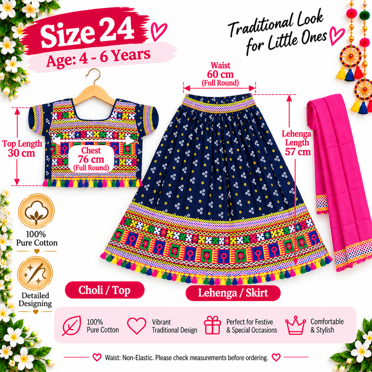 Girls Navy Blue Pure Cotton Ghagra Choli Set with Pink Dupatta – Traditional Navratri Lehenga
