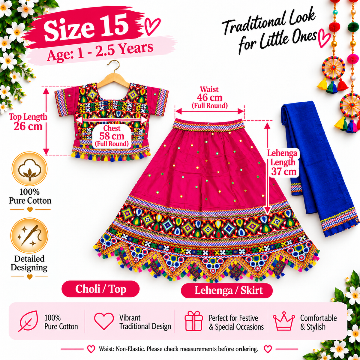 Girls Pink Multicolor Pure Cotton Garba Lehenga Choli Set with Royal Blue Dupatta