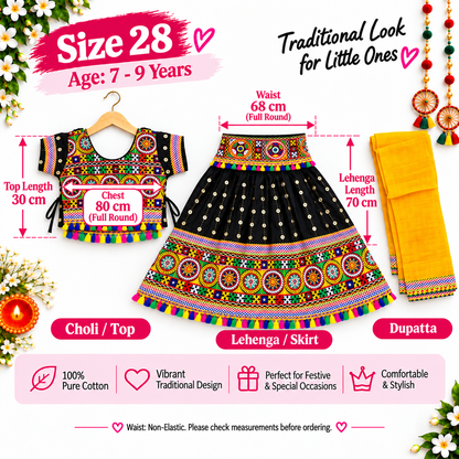 Girls Black Traditional Lehenga Choli Set with Yellow Dupatta – 100% Pure Cotton Festive Wear